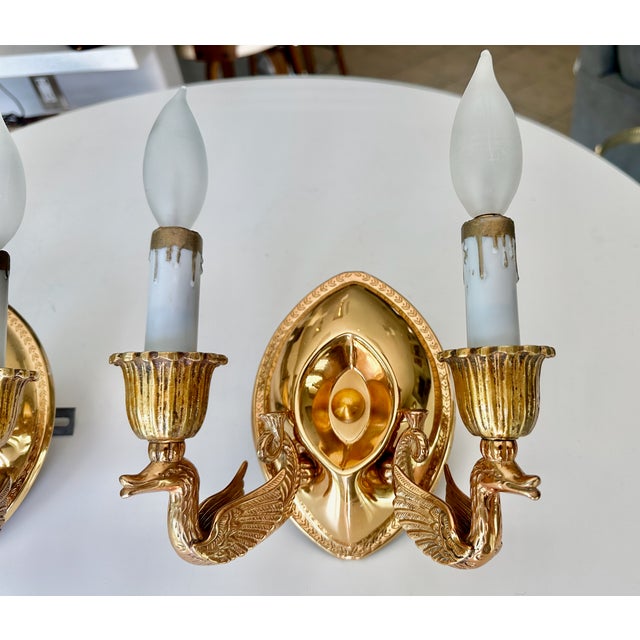 Brass Pair French Empire Style Brass Swan Wall Sconces For Sale - Image 8 of 15