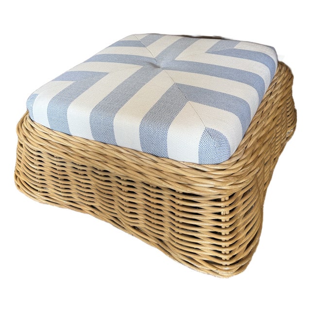 1980s Woven Rattan Ottoman in Blue and White Stripe For Sale