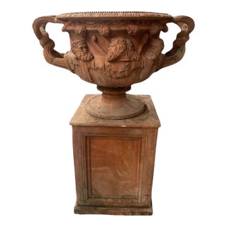 Exquisite Hand-Crafted Tuscan Terracotta Bacchanalian Urn on Pedestal For Sale