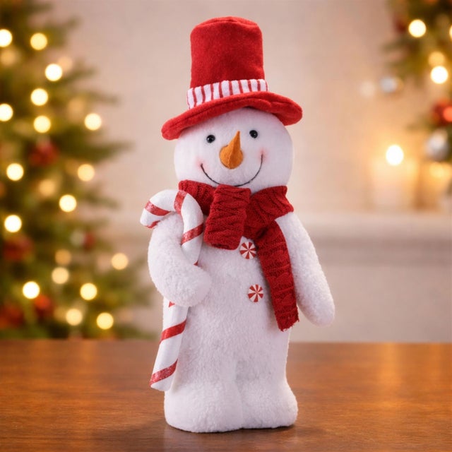 Kenneth Ludwig Chicago Plush Snowman Figurine with Candy Cane andRed Hat For Sale - Image 4 of 4