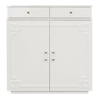Matthew Izzo Home Glenn White Lacquer Two Door/Two Drawer Cabinet With Acrylic and Brass Hardware For Sale