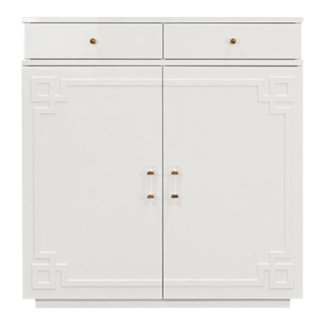 Matthew Izzo Home Glenn White Lacquer Two Door/Two Drawer Cabinet With Acrylic and Brass Hardware For Sale