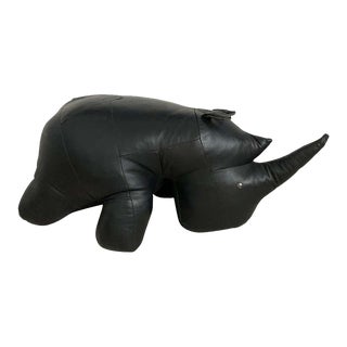 Vintage Abercrombie & Fitch Omersa Style Black Leather Rhinoceros Footstool For Sale