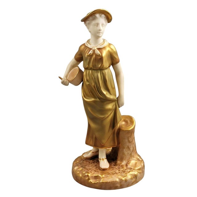 Gilt Porcelain Hadley Model 1774 Figure of Girl with Bowl from Royal Worcester, 1954 For Sale - Image 12 of 12