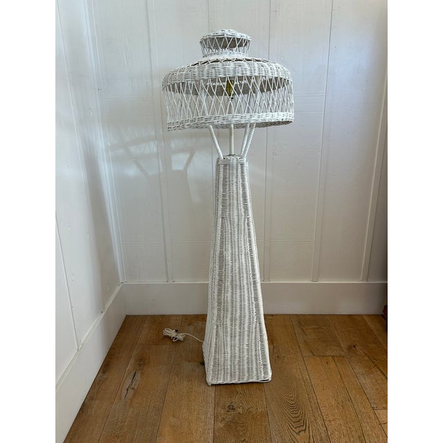 Late 20th Century Vintage White Wicker Floor Lamp With Tiered Dome Shade For Sale - Image 5 of 14