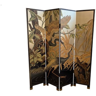 Chinoiserie Hand Painted Silver Leaf Room Divider Screen With Heron For Sale