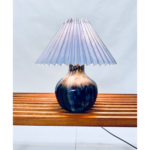 Danish Studio Ceramic Table Lamp with Pleated Lampshade, 1960s For Sale - Image 6 of 16