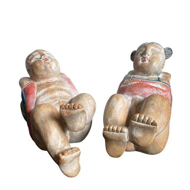 1960s Antique Chinese Wood Carved Karako Boy Girl Reclining Melon Child Buddha Sculpture For Sale - Image 5 of 8