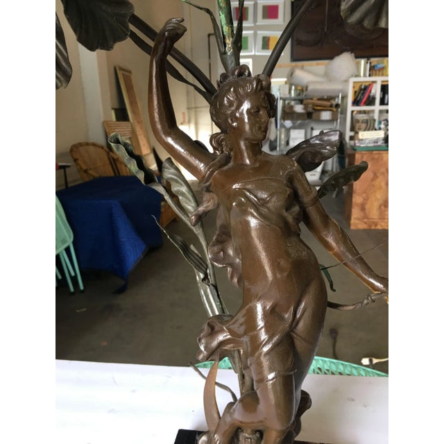Early Three Bulb Art Nouveau Figural Bronze and Marble Table Lamp For Sale In Los Angeles - Image 6 of 8