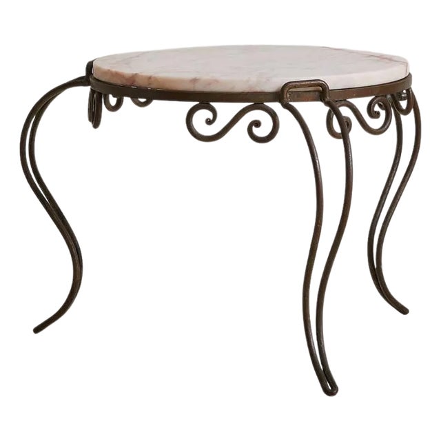 French Art Deco Round Pink Marble + Wrought Iron Coffee Table, 1930s For Sale