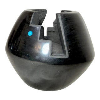 Vintage Vida Baca Native American Zuni Carved Black Pottery Turquoise Stone Bowl For Sale