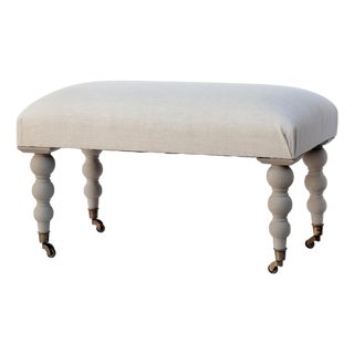 Late 20th Century Narrow Ottoman in Natural European Linen With Turned Legs on Casters For Sale