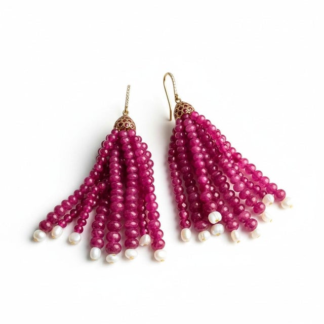 Modern 14k Yellow Gold Shepherd Hoop Earrings With Diamonds, Rubies & Opalite Tassels, A Pair For Sale - Image 3 of 11