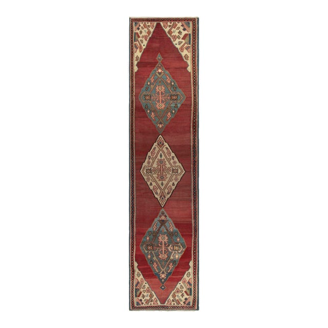 Antique Bidjar Kilim in Red With Blue and Beige Tribal Medallions, Pink Accents For Sale