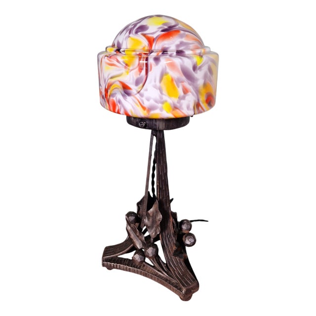 Art Deco Wrought Iron Table Lamp with Opaline Mushroom Globe, 1920s For Sale