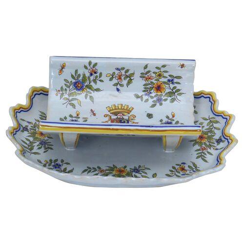 Blue Antique French Faience Asparagus Server with Coat of Arms For Sale - Image 8 of 10