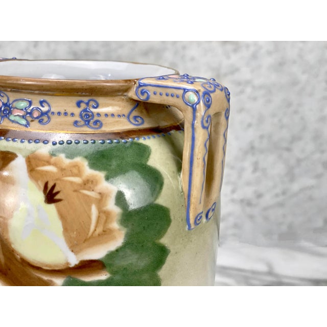 Ceramic Vintage Japanese Porcelain Art Deco Floral Motif Moriage Handle Urn Vase For Sale - Image 7 of 10