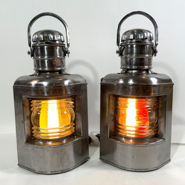 Port and starboard ships lanterns with Fresnel lenses. Vented tops, carry handles and sliding rear doors. Recently rewired...