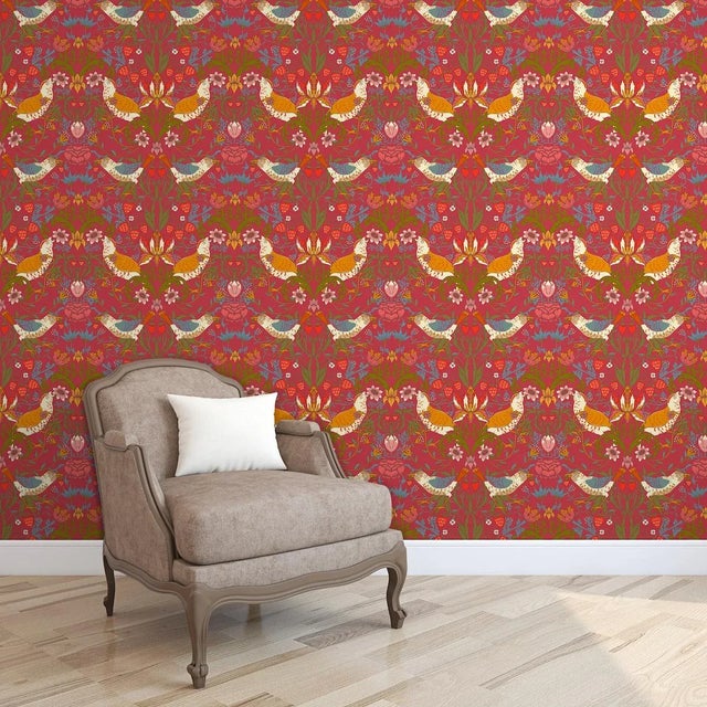 Strawberry Thief Wallpaper - Crimson-Red For Sale - Image 4 of 4