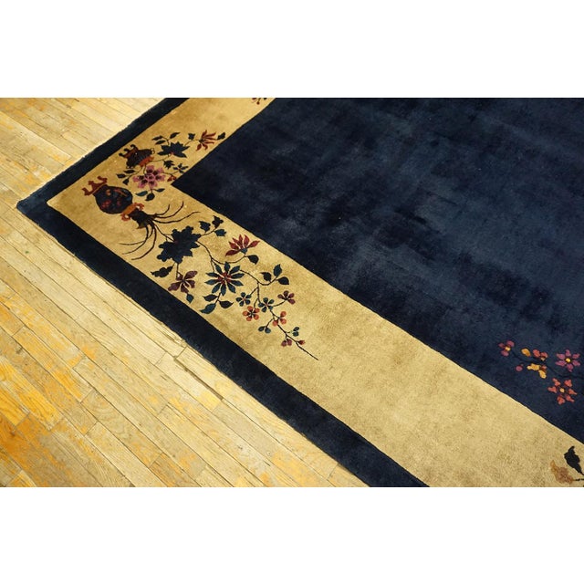 Navy Blue Beige Border and Navy Color Field Underscores Floral Chinoiserie Style Chinese Art Deco Rug For Sale - Image 8 of 12