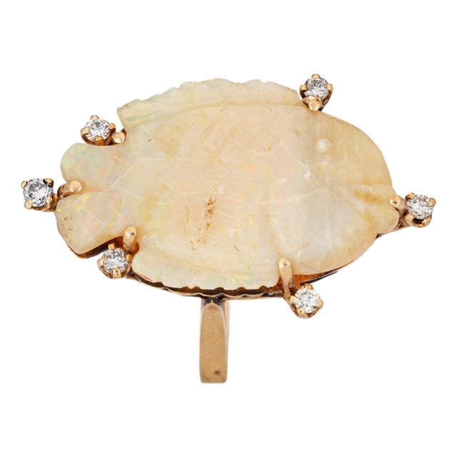 1970s Vintage Carved Opal Fish Ring Diamond 14k Yellow Gold Size 11 Estate Fine Jewelry For Sale