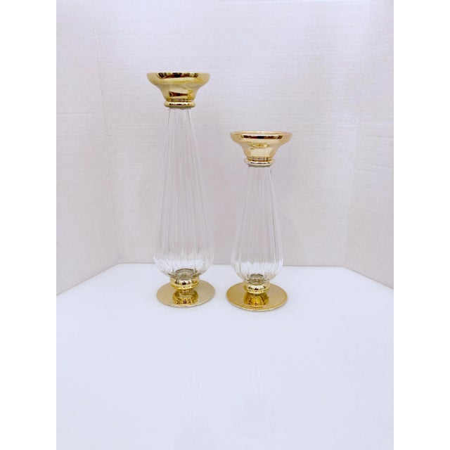 Metal Venetian Murano Hand Blown Gold and Clear Glass Candle Holders - Set of 2 For Sale - Image 7 of 7