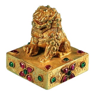 Gilt Bronze Guardian Lion Seal – 2.2" Foo Dog Stamp With Gemstone Inlay & Seal Script For Sale