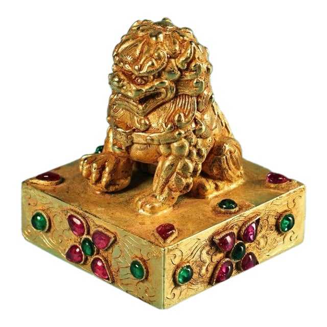 Gilt Bronze Guardian Lion Seal – 2.2" Foo Dog Stamp With Gemstone Inlay & Seal Script For Sale
