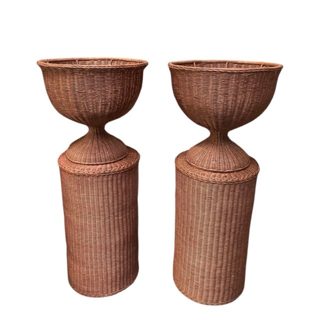 Pair of Vintage Woven Wicker Urn Planters on Cylindrical Pedestals For Sale In West Palm - Image 6 of 12
