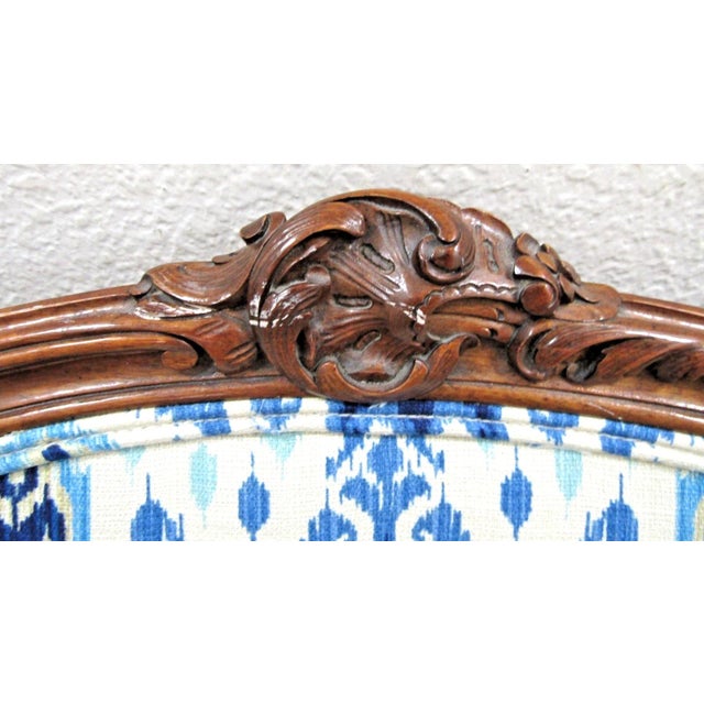 Antique French Louis XV Carved Walnut French Bergère Armchair Ikat 18th Century For Sale - Image 12 of 18