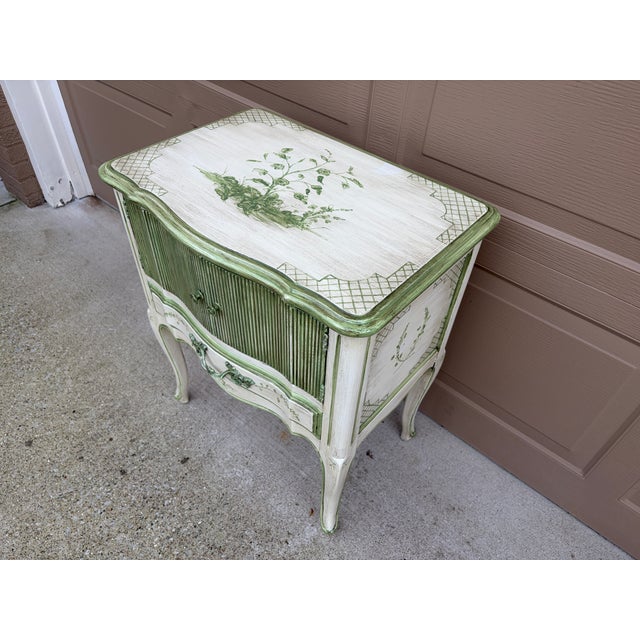 Vintage French Provincial Cream & Sage Green Painted Nightstand With Botanical Decoration For Sale In South Bend - Image 6 of 14