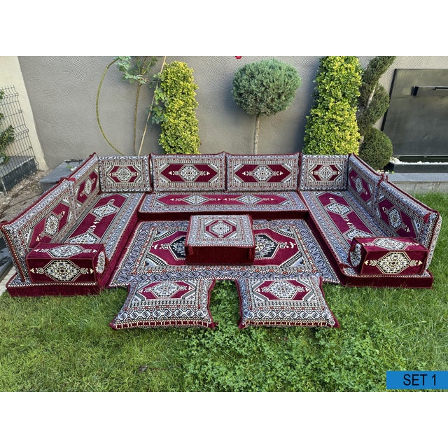 Handmade in Türkiye, this contemporary Turkish kilim floor sofa set offers a modern interpretation of traditional Majlis...