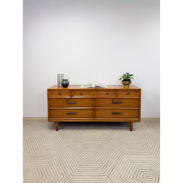 Heritage MCM Lowboy 7-Drawer Dresser Unique Brass Pulls Vintage Long Dresser For Sale - Image 10 of 14
