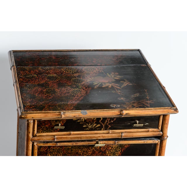 Wood Antique French Napoleon III Chinoiserie Lacquered Bamboo Work Table For Sale - Image 7 of 17