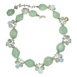 Gemstone Necklace Moss Aquamarine, Faceted White Topaz Rondelles, and Supple Shades of Blue Green Yellow Peruvian Opal For Sale