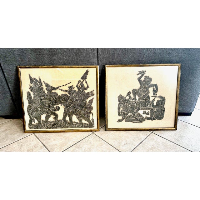 1950s Pair of Original Thai Temple Charcoal Rubbing Framed Art For Sale - Image 5 of 12