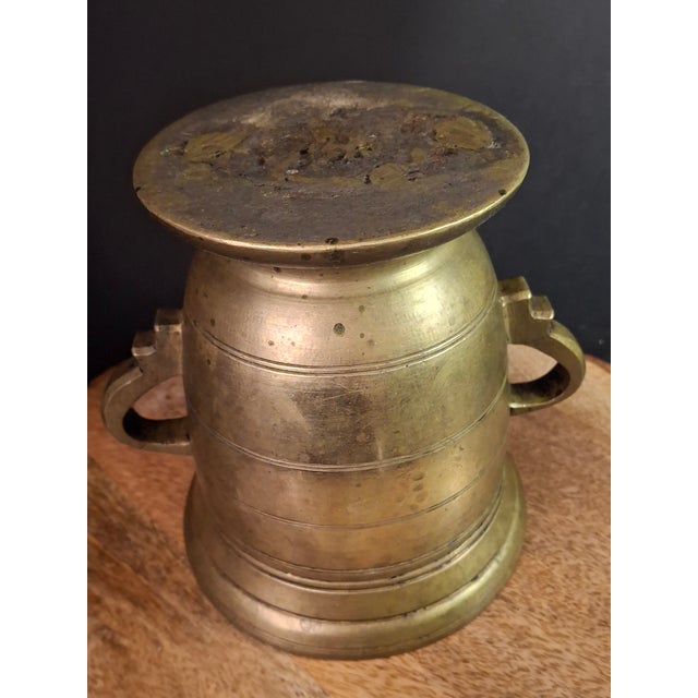 18th C Antique Solid Brass Mortar Pestle Set Heavy 15lb Judaica Apothecary For Sale - Image 10 of 17