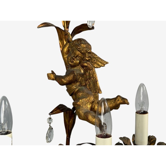 Brass 1950sFrench Marie Therese Style, Cherub Wall Sconces, Gilt-Brass, Crystal - a Pair For Sale - Image 8 of 12