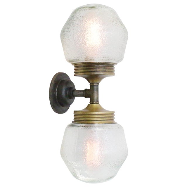 Mid-Century Modern Vintage Cast Iron Double Sconce Wall Lamp in Frosted Glass and Brass For Sale - Image 3 of 11