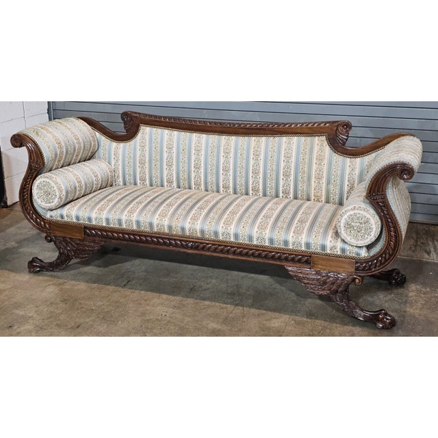 Antique American Empire Style Carved Mahogany Sofa Wing Legs Claw & Ball Feet For Sale - Image 4 of 12