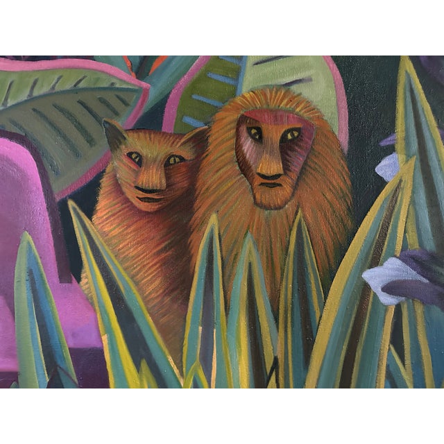 Marc Zimmerman "Homage to Rousseau" Oil Painting, Jungle Fantasy, Reclining Nude With Lion, Magenta Sofa, Contemporary Art West Coast For Sale - Image 4 of 7