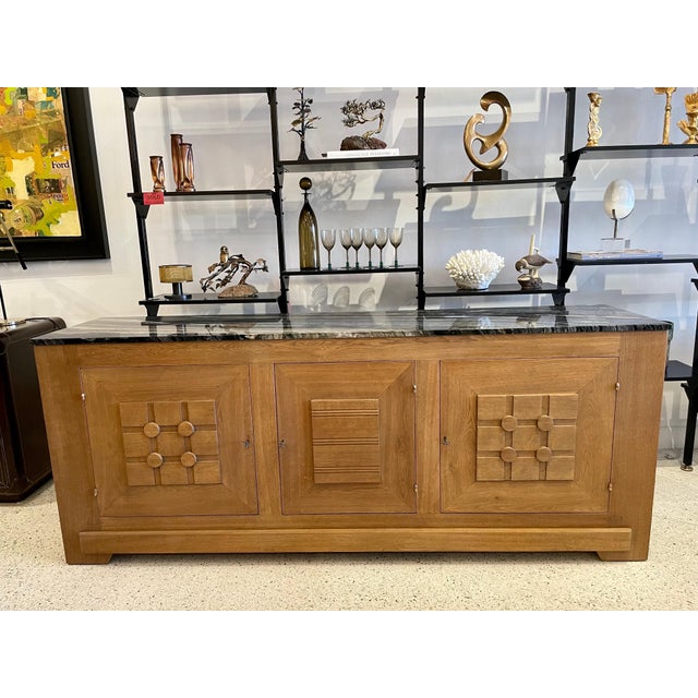 Brown French Oak Buffet W/ Geometric Details and Marble Top For Sale - Image 8 of 18