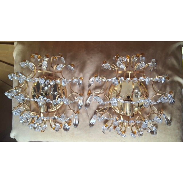 Gold Luxe 1950's Hollywood Regency 24k Plate Frame Austrian Crystal 1/2 Orb Wall Sconces Attributed to Palwa a - Pair For Sale - Image 8 of 17