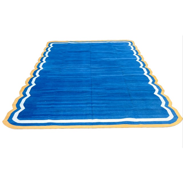 Handmade Cotton Area Rug Natural Vegetable Dyed Blue Scalloped Rug Yellow Border - 6'x9' For Sale - Image 9 of 11