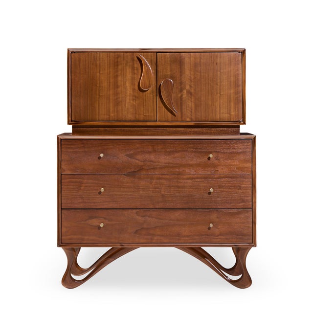 Vladimir Kagan Style Mid Century Sculpted Walnut Highboy Dresser This highboy measures: 40 wide x 19 deep x 48.75 inches...
