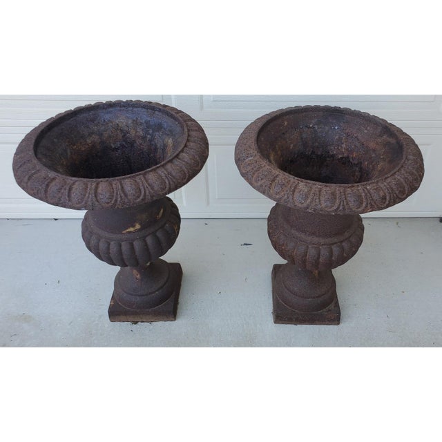 Metal Antique Large Cast Iron Fluted Campana Urns - Set of 2 For Sale - Image 7 of 12