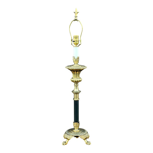 Vintage French Empire Style Paw Footed Solid Brass Tall Table Lamp With Fleur-De-Lis Finial For Sale
