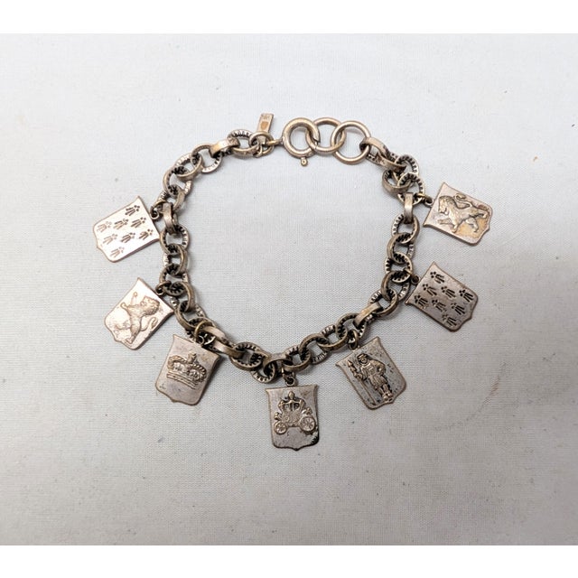 Silver Vintage 1930s Signed Monet Silvertone Coat of Arms Charm Bracelet For Sale - Image 8 of 8