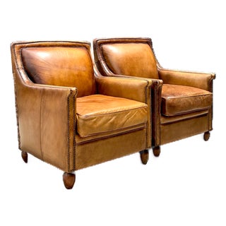 Vintage Nailhead Trim Leather Armchairs - Pair For Sale