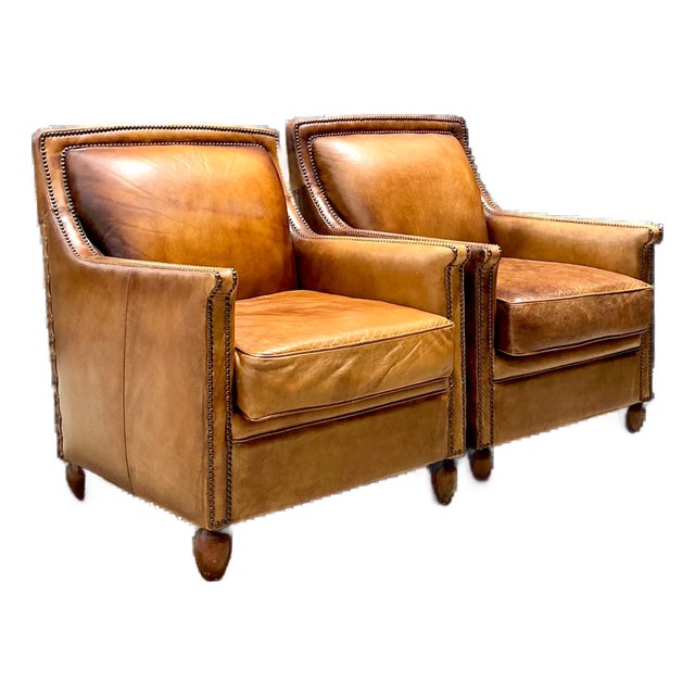 Vintage Nailhead Trim Leather Armchairs - Pair For Sale